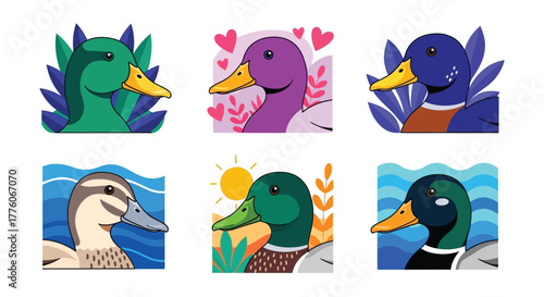 Collection of cartoon duck illustrations with various backgrounds editable stock