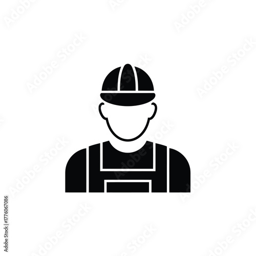 Silhouette Icon Construction Worker Wearing Hard Hat and Overalls, Black and White