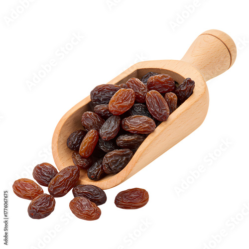Rich, plump raisins spilling from a wooden scoop, offering sweet natural energy and versatile culinary delight for healthy recipes and snacks.