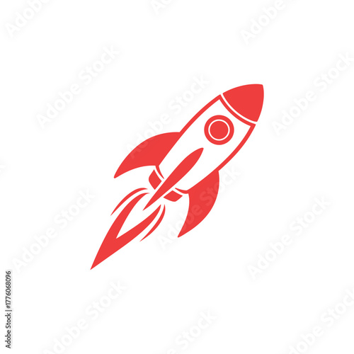 Single Red Rocket Ship Launching, Design on a White Background