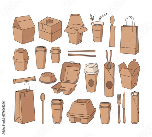 Collection of disposable tableware isolated on white background paper cups, boxes, bags, and cutlery for takeout food and drinks, promoting ecofriendly packaging
