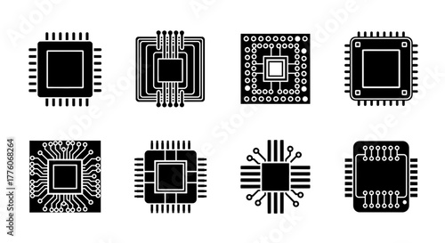 Collection of eight black and white cpu chip icons in square format editable stock