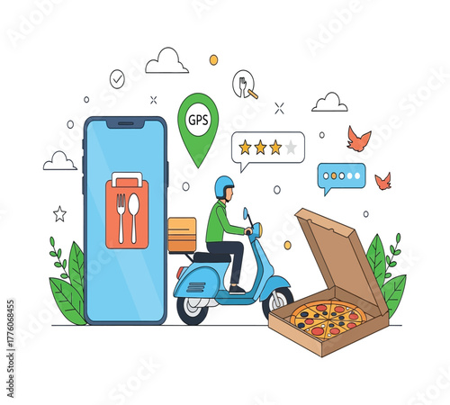 Food delivery service via smartphone app isolated on white background, featuring a scooter rider with pizza, gps, and rating, symbolizing convenience and modern dining experience
