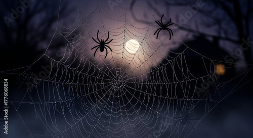 Spooky Halloween night scene featuring spiders on a dew-covered web against a moonlit background