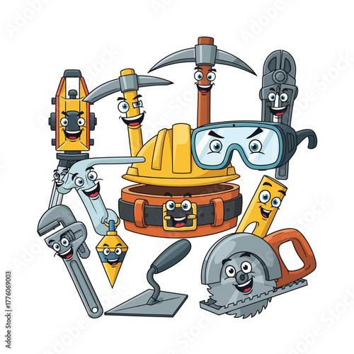 Playful cartoon construction tools with smiling faces, perfect for children's books, educational materials, or fun building projects, conveying joy and creativity