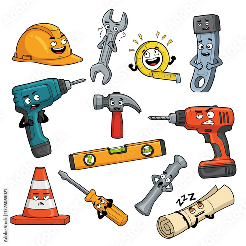 Playful cartoon construction tools with expressive faces, perfect for engaging educational content and fun DIY projects, adding a whimsical touch to any design