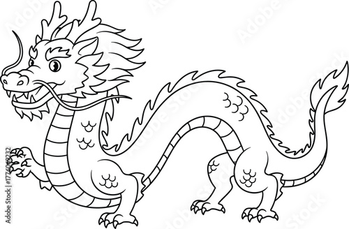 Black and white cartoon Chinese dragon with curved body and fierce expression, vector illustration for mythology and cultural symbolism concept