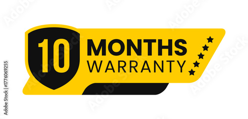 Modern 10 months warranty badge vector design in yellow and black with shield. Guarantee label icon logo for product packaging, advertisement, and marketing use