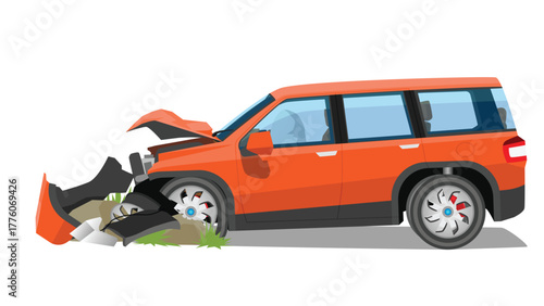 Red car accident hit a large rock. Front was severely damaged, the bumper was broken and the hood was broken. Alloy wheels and tires are torn. Airbag deployed behind the steering wheel.
