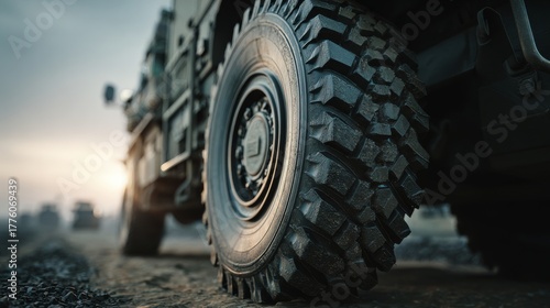 Close-up of an armored military vehicle tire on rugged terrain, showcasing strength and durability against a dramatic sky.