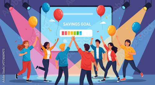 Diverse group of people celebrating achieving a savings goal with high-fives and balloons under festive spotlights.