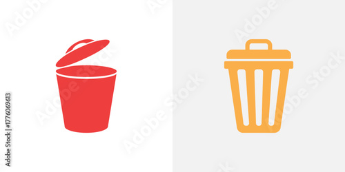 Two Simple Garbage Can Icons, Red Open Trash and Orange Closed Waste Bin