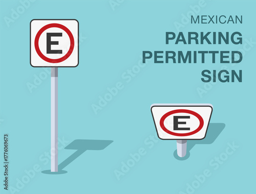 Traffic regulation rules. Isolated mexican "parking permitted" road sign. Front and top view. Flat vector illustration template.