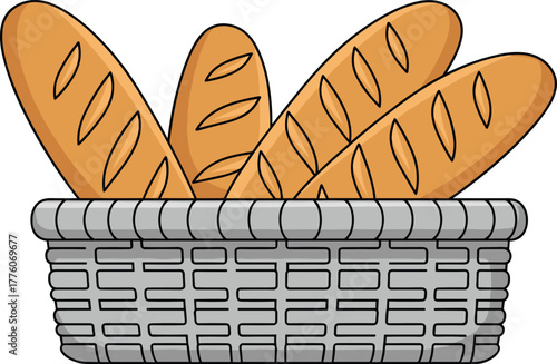 Basket of baguettes illustration with golden crust and woven texture, stylized vector design for baking, food, and culinary concept