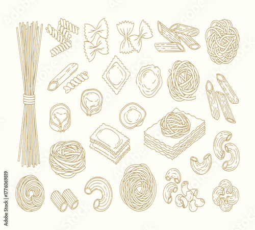 An assortment of uncooked pasta varieties isolated on white background, featuring spaghetti, farfalle, penne, ravioli, and lasagna, showcasing the diverse shapes and textures of italian cuisine
