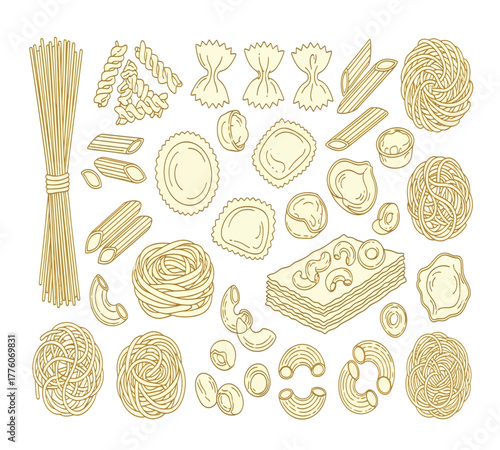 An assortment of uncooked pasta varieties isolated on white background, featuring spaghetti, farfalle, penne, ravioli, and lasagna, showcasing the diverse shapes and textures of italian cuisine
