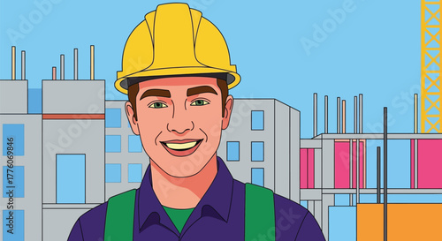 Smiling construction worker in hard hat and overalls at a building site