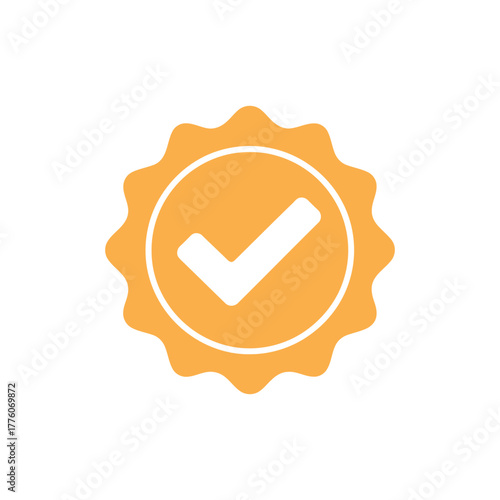 White Check Mark Icon in Golden Yellow Spiked Circle Badge Design