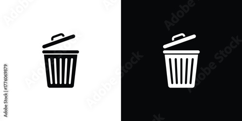 White Trash Can Icon with Open Lid on Black, Recycle Container Symbol