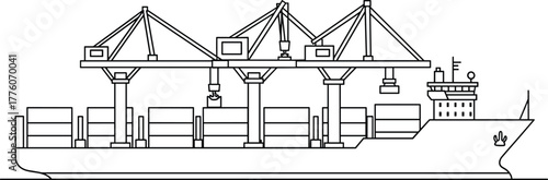 Black and white cartoon container ship docked with cranes, vector illustration for maritime logistics and global shipping industry concept