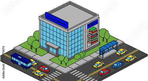 Isometric view of a public library with cars and a bus stop scene editable stock