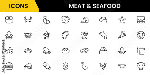 Meat, poultry, fish, and eggs - minimal thin line web icon set. Outline icons collection. Simple vector illustration.