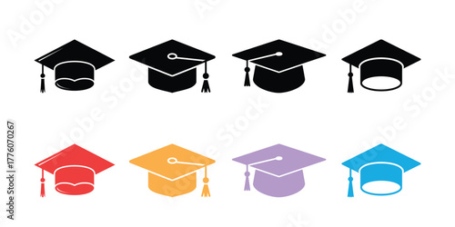 Assorted Color Graduation Caps Black, Red, Gold, Purple, Blue Mortarboards with Tassels Isolated