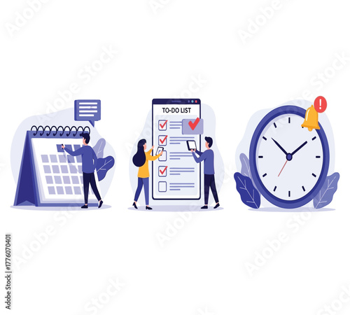 Time management and schedule planning illustration featuring a calendar, todo list, and clock, emphasizing organization and productivity isolated on white background