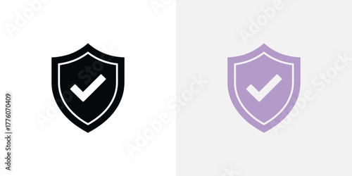 Black and Purple Security Shield Icons with Check Mark on White and Grey Backgrounds