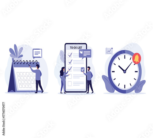 Time management and schedule planning illustration featuring a calendar, todo list, and clock, emphasizing organization and productivity isolated on white background