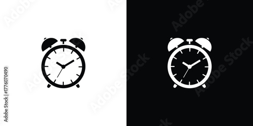 Black and White Alarm Clock Icon Illustration of Retro Timepiece Style