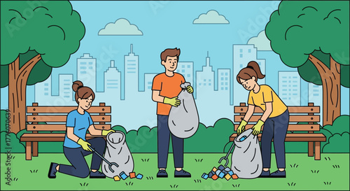 People cleaning up trash in a park with city buildings in background editable stock
