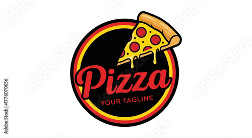 A pizza logo with a slice of pepperoni pizza and black background editable stock