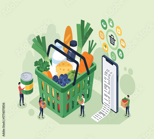 Isometric illustration depicting online grocery shopping with a basket full of food, a smartphone displaying a receipt, and people carrying groceries, showcasing the convenience of digital shopping