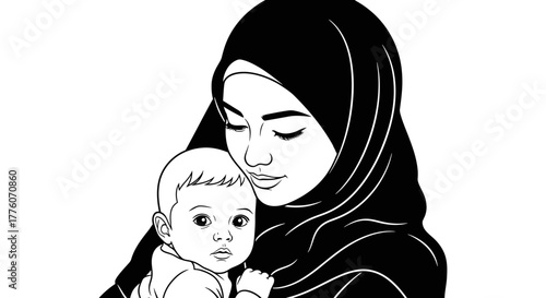 Illustration of a mother in hijab holding her baby with love and care editable stock