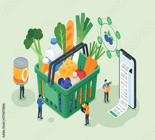 Isometric illustration depicting online grocery shopping with a basket full of food, a smartphone displaying a receipt, and people carrying groceries, showcasing the convenience of digital shopping