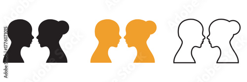 Friendship icon. Vector illustration showing three silhouettes of two Friend holding hands in three  colors, symbolizing friendship and unity.
