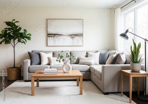 Wallpaper Mural Cozy living room with a gray sectional sofa, wooden coffee table, and a large abstract painting creating a warm atmosphere Torontodigital.ca