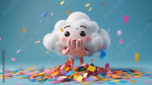Adorable 3D clay-style cloud character blowing colorful confetti in a bright minimal scene
