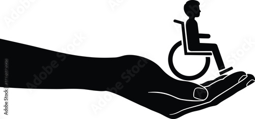 Black silhouette of a hand holding a person in a wheelchair, vector illustration for support, inclusion, and disability empowerment concept