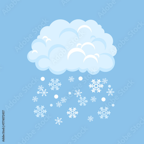 White cloud with falling snowflakes, isolated on blue background. Vector cartoon flat illustration. Snowy weather icon