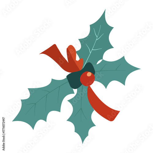Stylized Christmas holly sprig with a red ribbon