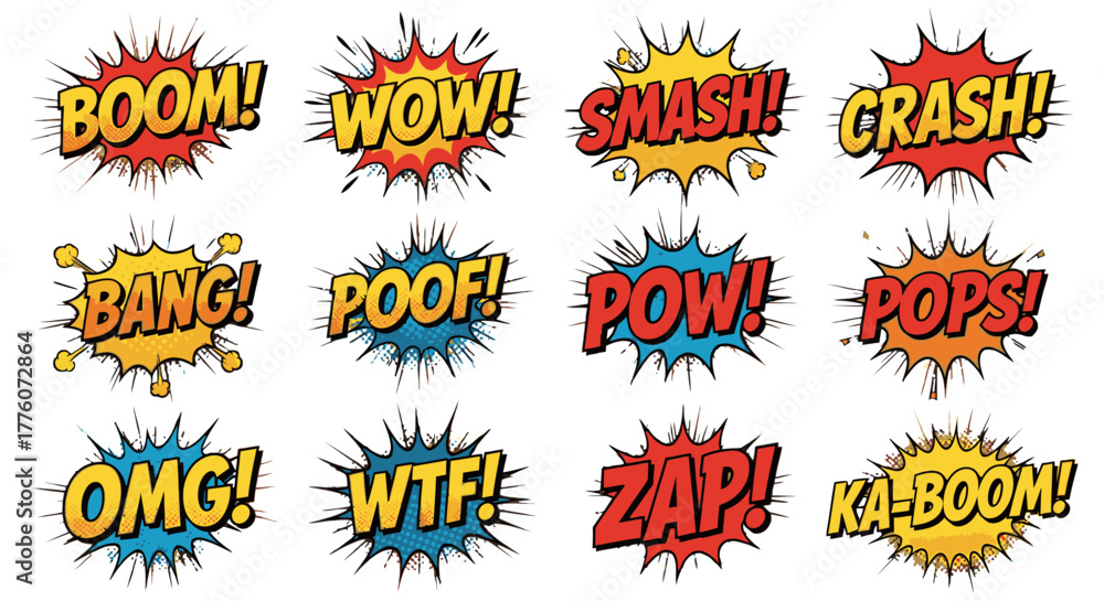 Fototapeta premium Set of comic speech bubbles with exclamations like boom, pow, zap, crash, and omg in a cartoon.