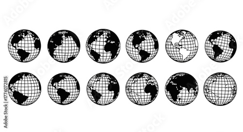 A collection of globe illustrations showing different continents and perspectives, offering a global.