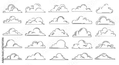 Set of hand drawn clouds, suitable for weather forecasts or atmospheric mood illustrations,.