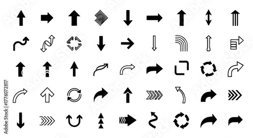 Collection of diverse arrow symbols in black and white, indicating direction and movement for.