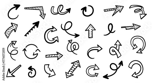 Collection of hand drawn direction arrows in various shapes and styles, pointing in different.