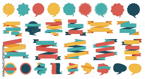 Collection of colorful ribbons and speech bubbles can be used for presentations and promotions.