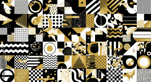 A dynamic arrangement of geometric shapes in black, white, and gold creates an eye catching and.