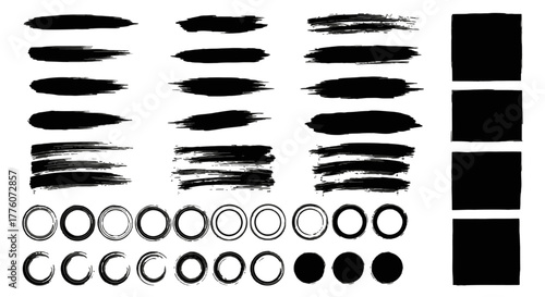 Collection of black brush strokes, circles, and squares for artistic and creative projects, adding a.